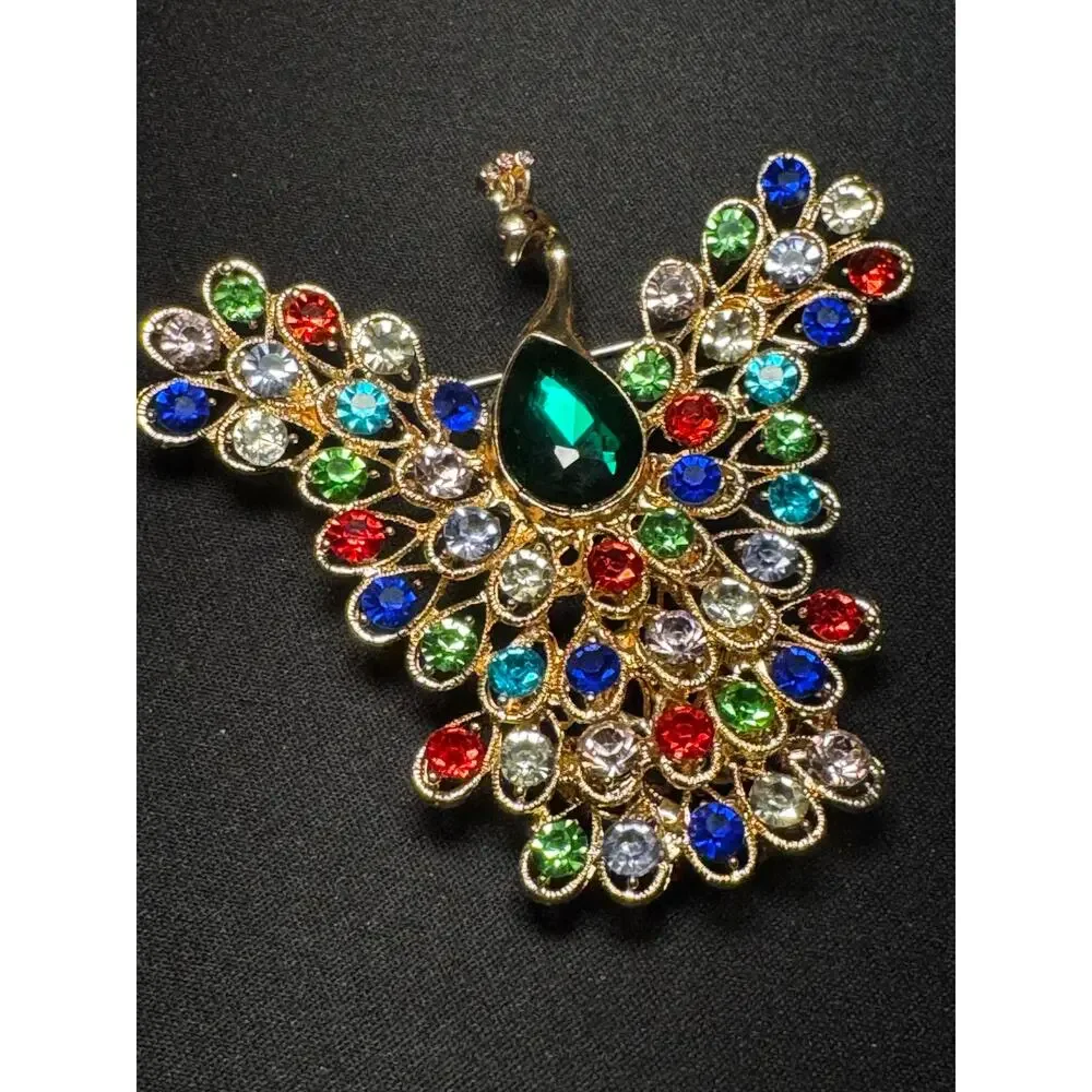 Large Multicolored Rhinstone Articulated Peacock Brooch